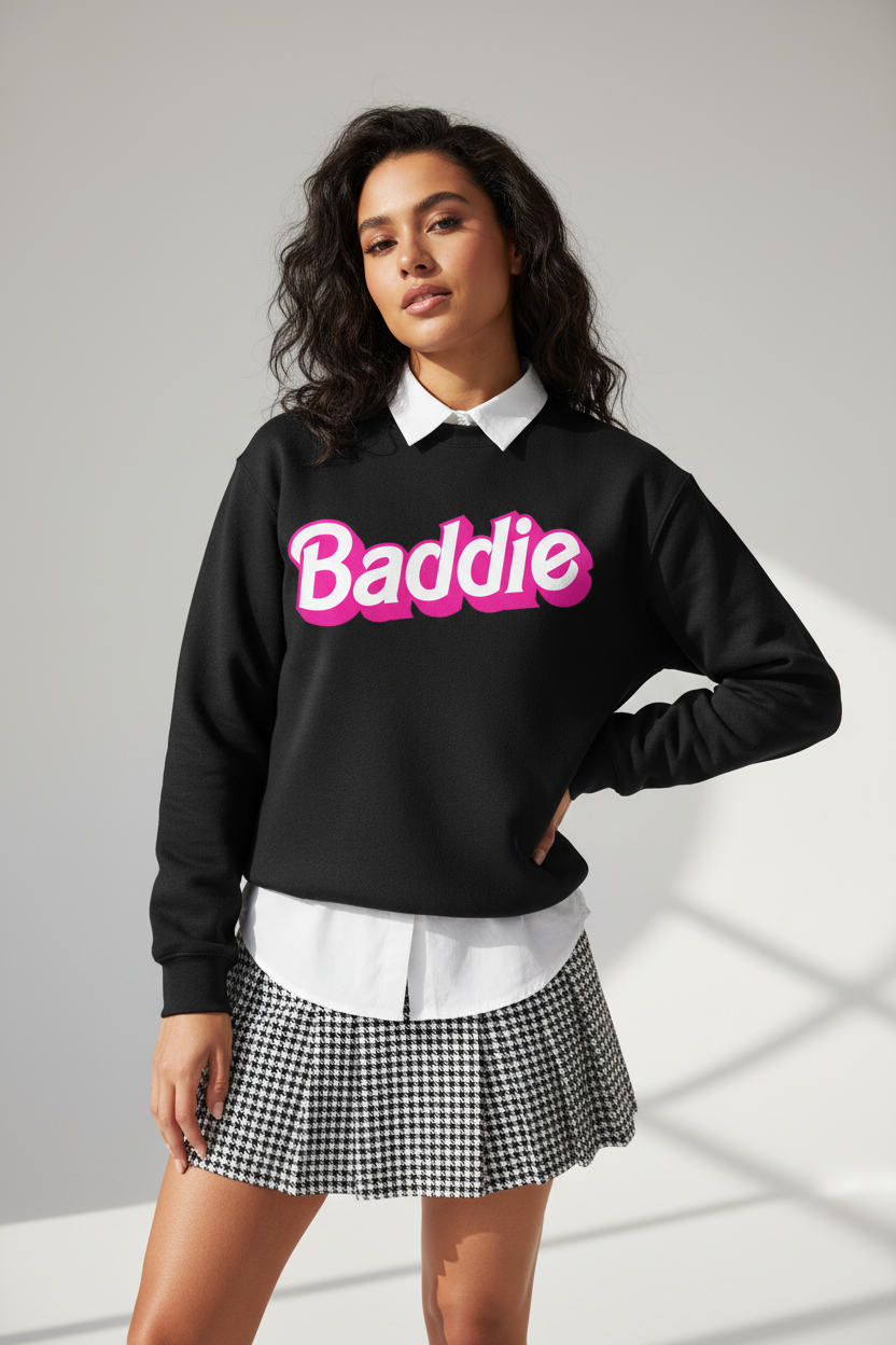 Baddie black sweatshirt styled with collared shirt and skirt