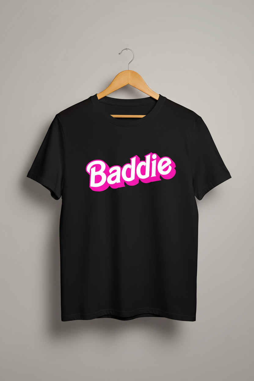 Baddie t-shirt on black shirt hanger mockup