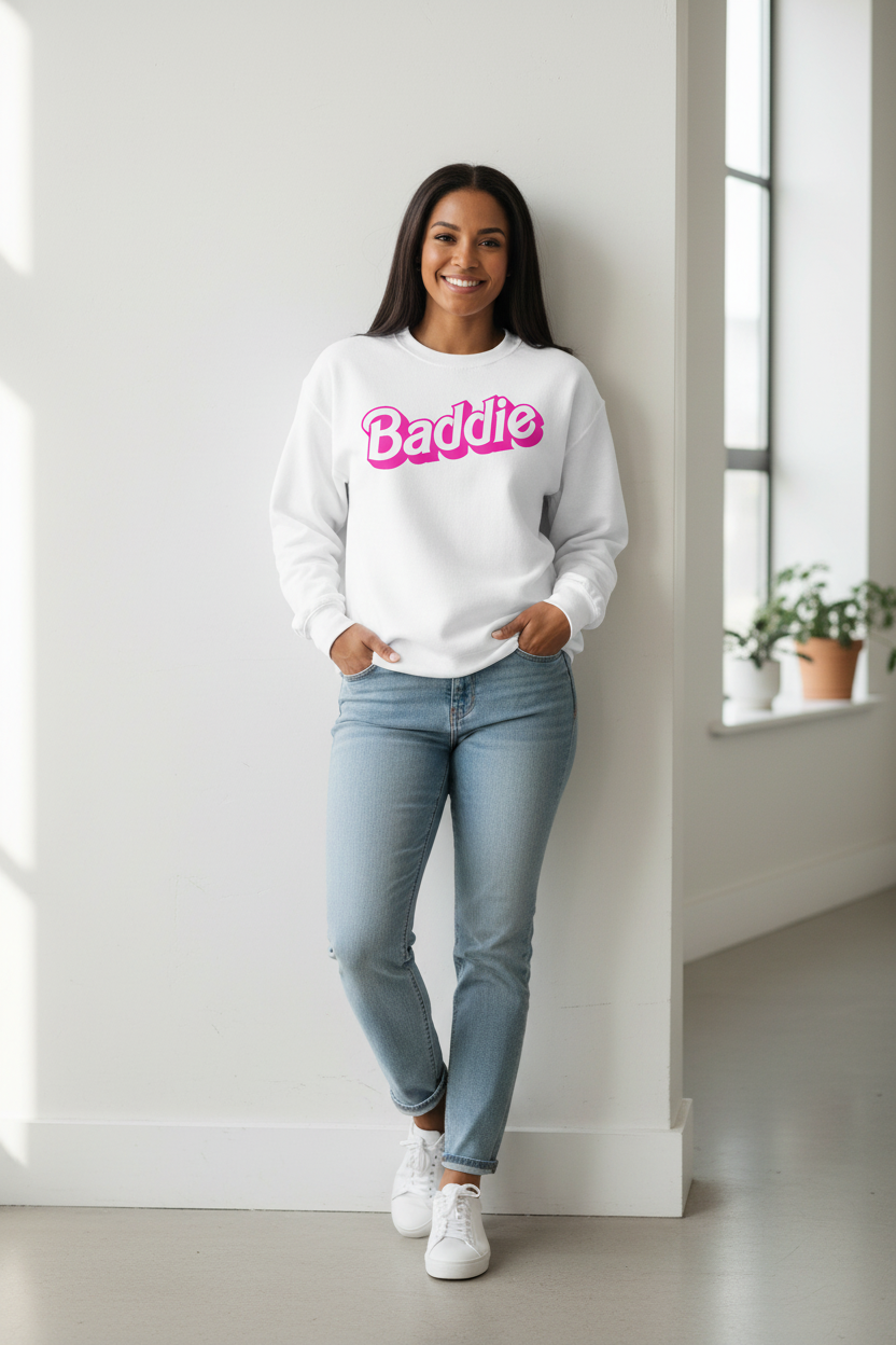 Baddie white sweatshirt mockup with biracial woman