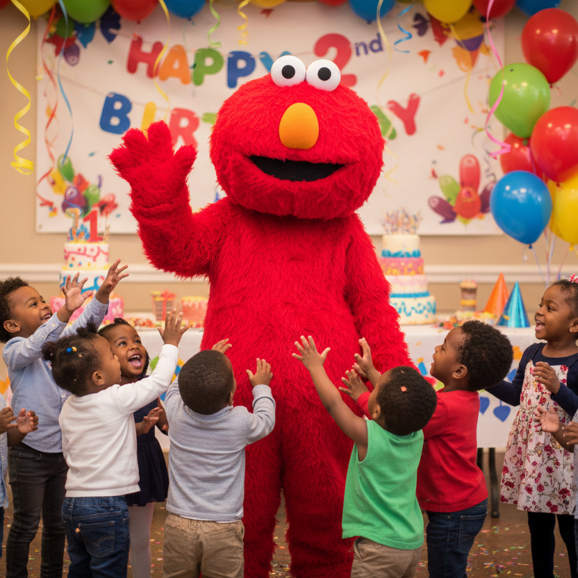 Elmo mascot at a 2nd birthday party with diverse kids